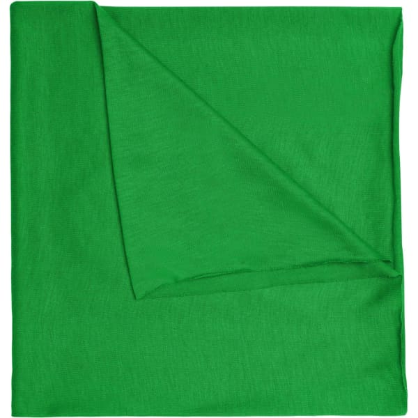 A green polyester bandanna featuring a soft texture, folded neatly with a logo visible.
