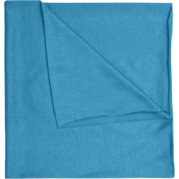 A blue bandanna made of polyester, featuring a smooth texture and a folded edge. It includes a logo.