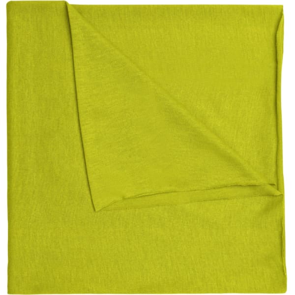 A bright yellow bandanna made of polyester, showcasing a smooth, folded design. It has a branding logo.
