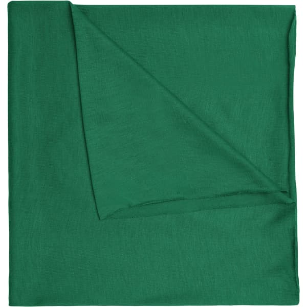 A green Economic X-Tube Polyester bandanna folded neatly, featuring a logo.