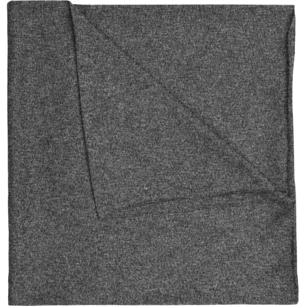 A grey polyester bandanna featuring a folded design and a branding logo.
