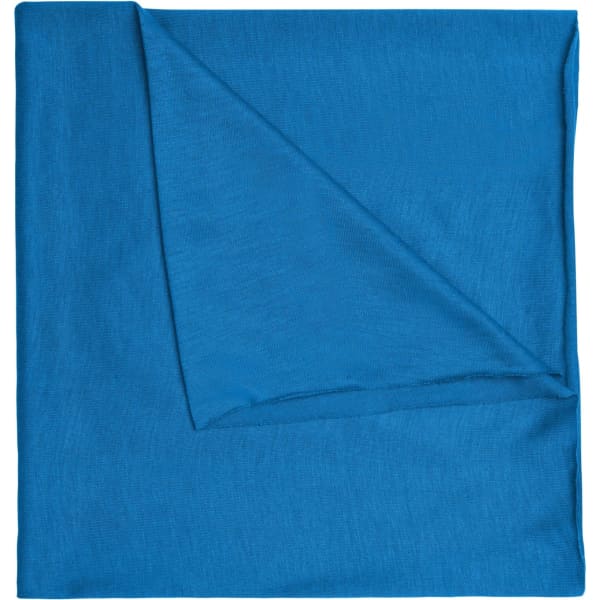 A blue bandanna made from Economic X-Tube Polyester, featuring a folded corner. It has a simple design and a smooth texture.