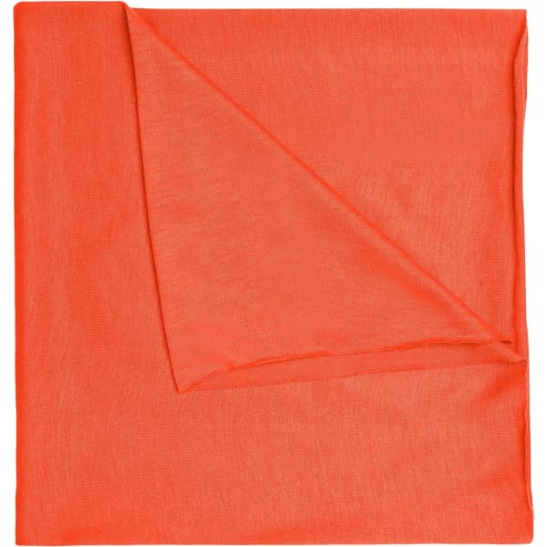 An orange polyester bandanna displaying a light, airy fabric texture with a folded corner. It features a logo.