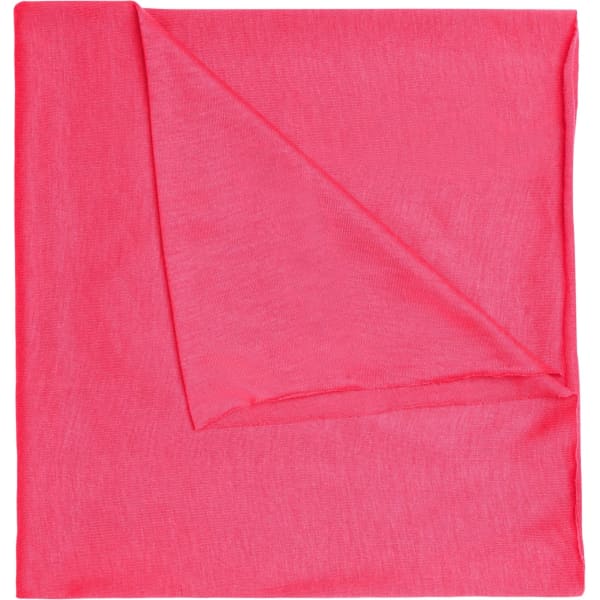 A pink polyester bandanna with a lightweight, smooth texture and a folded corner. It features a logo.