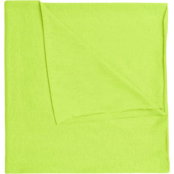 A bright lime green bandanna made of polyester, featuring a simple design and a logo.