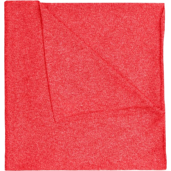A red bandanna made of polyester, folded to show its texture. It features a logo or branding.