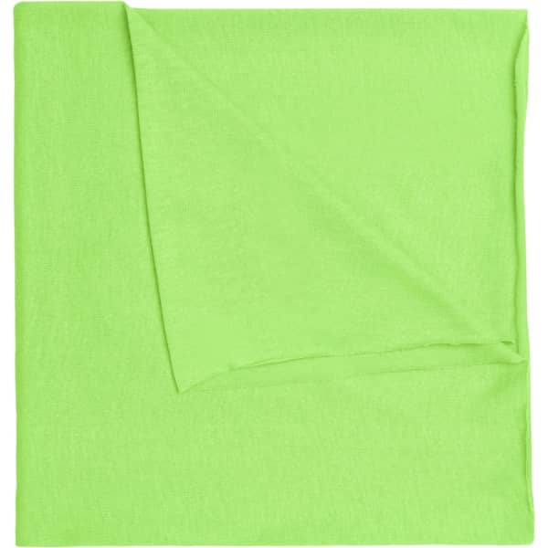 A bright green bandanna made from polyester, featuring a folded corner and a logo.