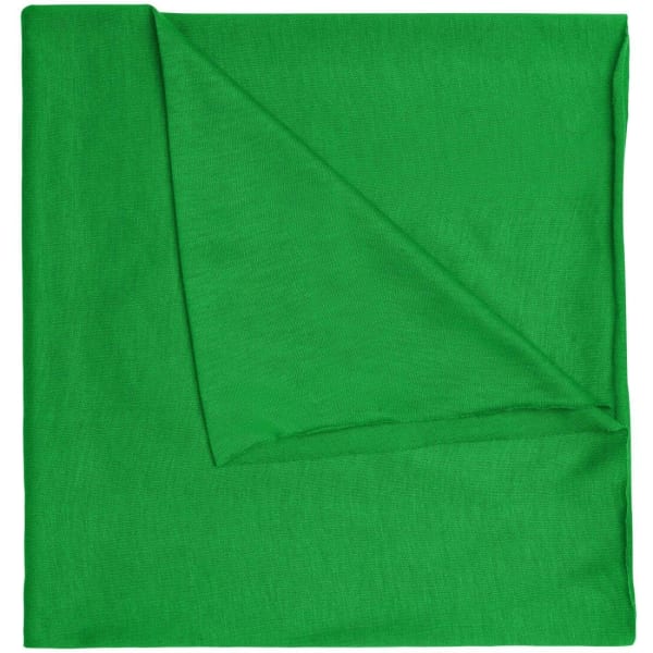 A green polyester bandanna with a folded corner, featuring a logo.