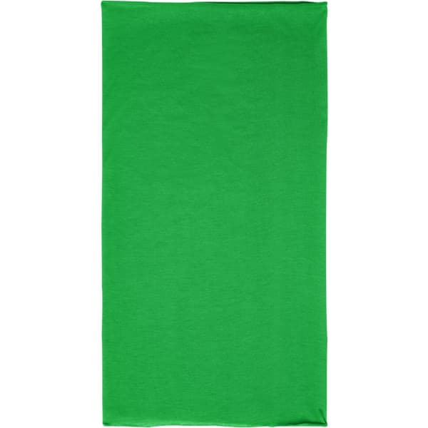 A green polyester bandanna with a smooth texture and a branded logo.