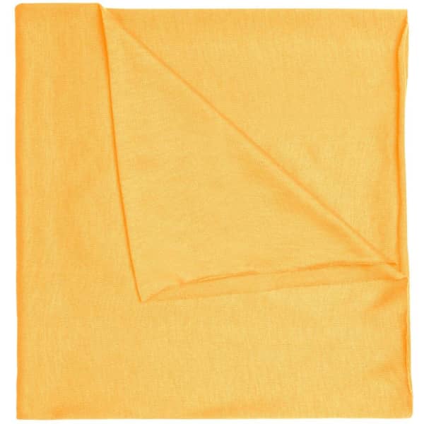 A bright yellow polyester bandanna with a smooth texture, featuring a folded corner.