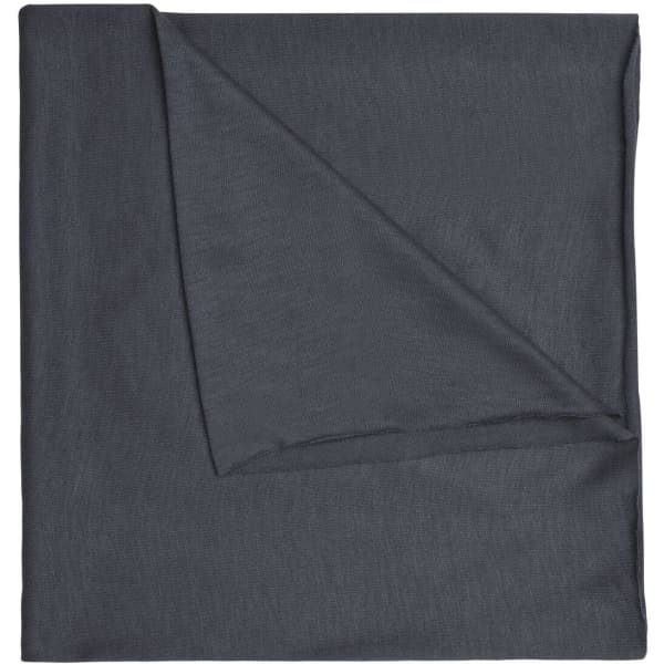 A grey bandanna featuring a simple design, made from Economic X-Tube Polyester and includes a logo.