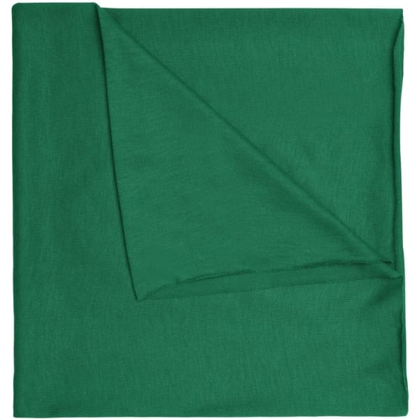 A green polyester bandanna with a smooth texture, featuring a folded corner and a logo.