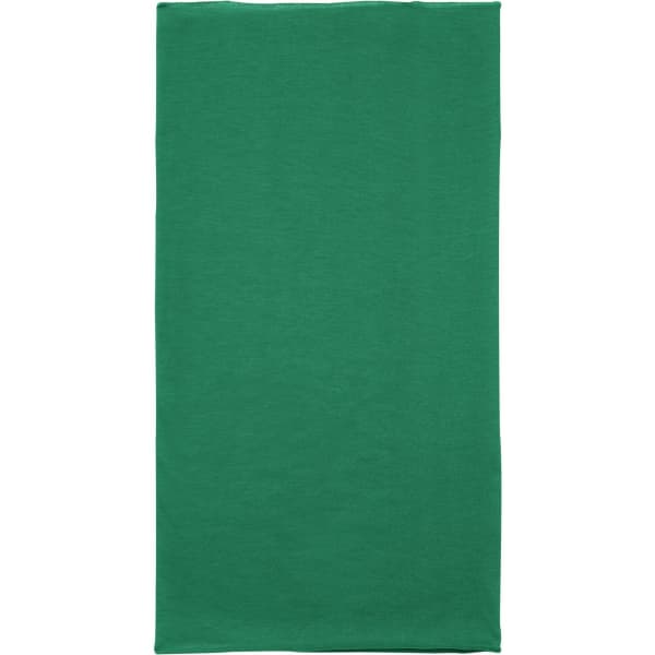 A green bandanna made of polyester, featuring a simple design and a logo.