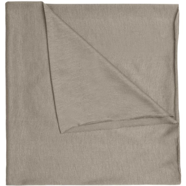 A beige polyester bandanna featuring a folded corner and a simple design, with a logo present.