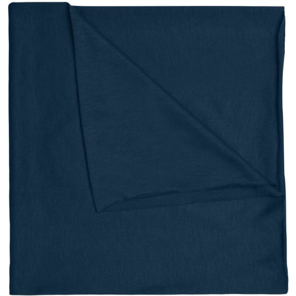 A dark navy blue bandanna made of polyester, featuring a simple, folded design and a logo.