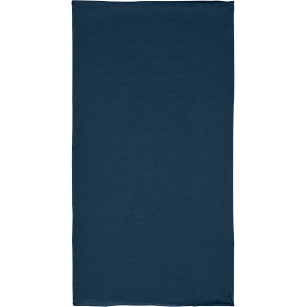 A dark blue headwear bandanna made from Economic X-Tube Polyester, featuring a simple design and a logo.