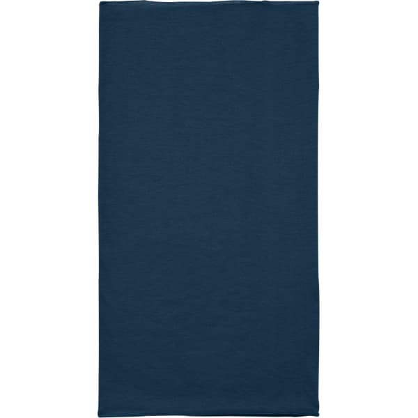 A navy polyester bandanna with a smooth texture and a logo in one corner. Ideal for headwear applications.