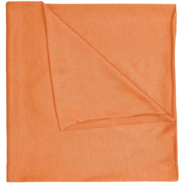 An orange polyester bandanna with a slightly folded corner, featuring a branded logo.