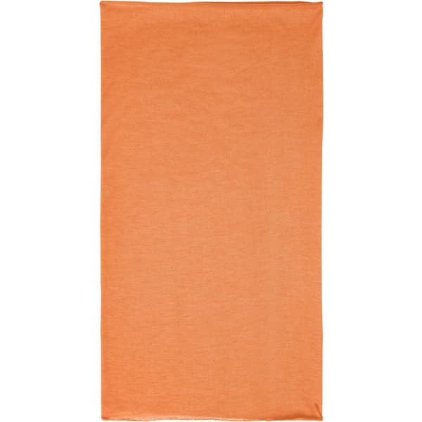 An orange bandanna made of polyester, featuring a logo on the fabric.