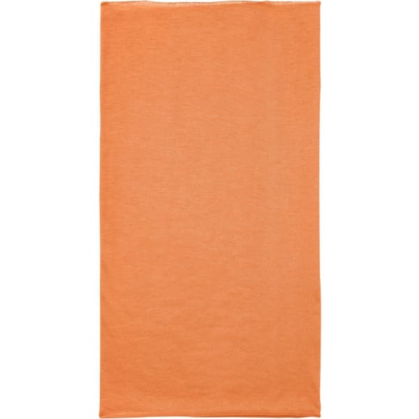An orange polyester bandanna, featuring a solid design and a logo.