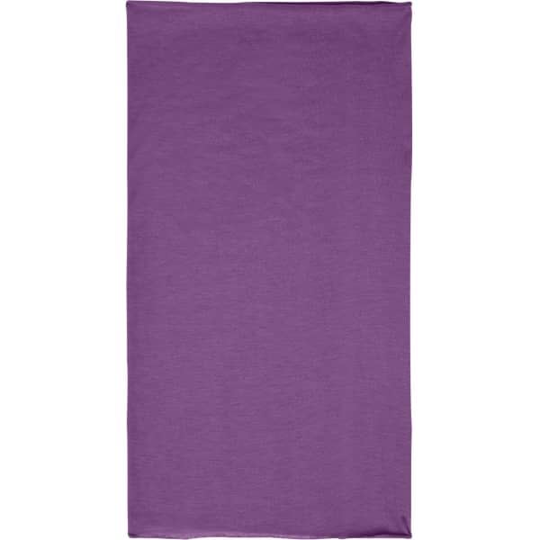 A purple polyester bandanna featuring a logo, designed for headwear use.
