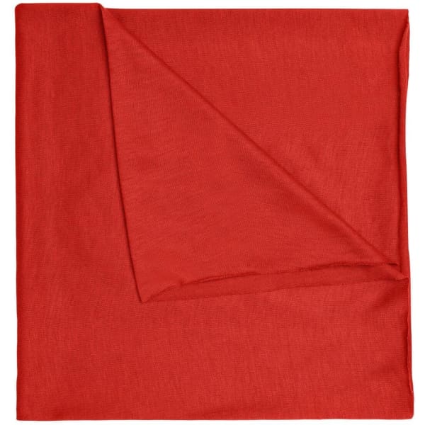 A red bandanna made from polyester, featuring a folded corner and a simple design. It includes a logo.