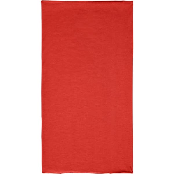 A red polyester bandanna with a plain design, featuring a logo in one corner.