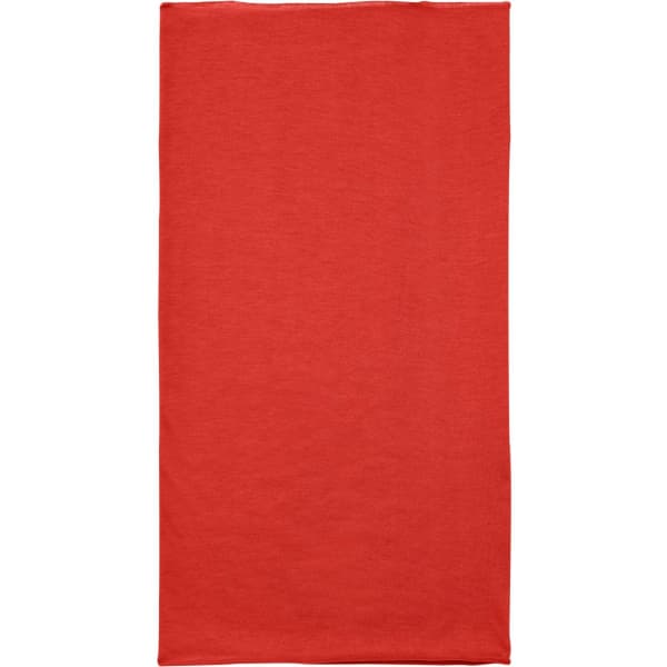 A red polyester bandanna, featuring a simple design and a logo on the surface.