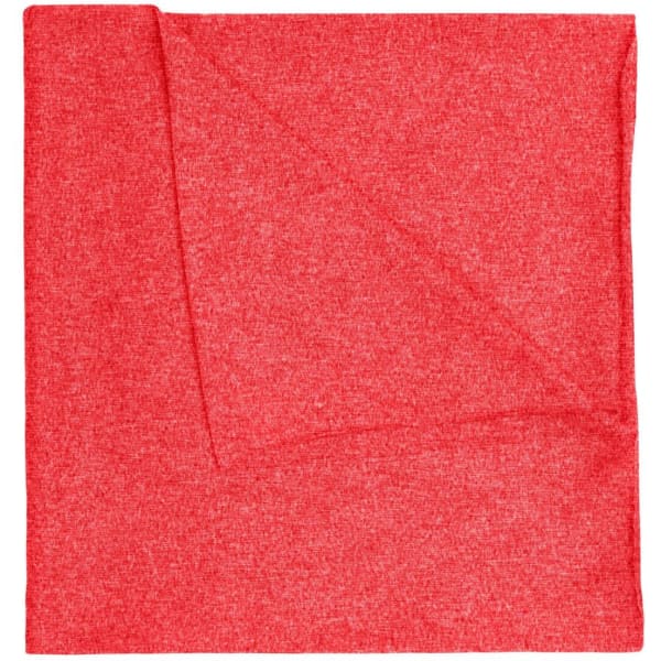 A red polyester bandanna with a textured appearance, featuring a logo in one corner.