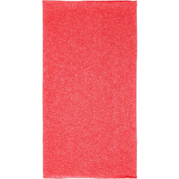 A red polyester bandanna with a textured appearance and a logo in the corner.