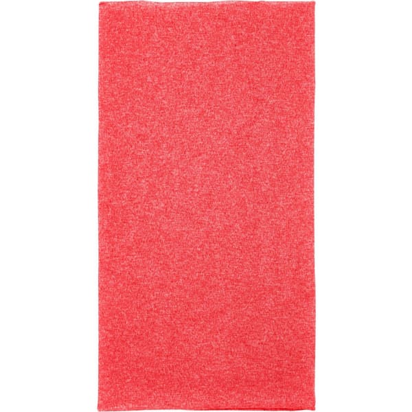 A red polyester bandanna featuring a plain design and a logo. Suitable for headwear use.