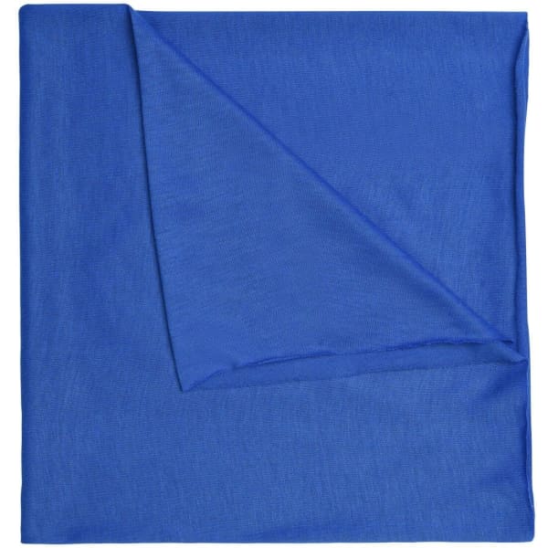 A blue bandanna featuring a lightweight polyester fabric with a folded corner. It has a branding logo.