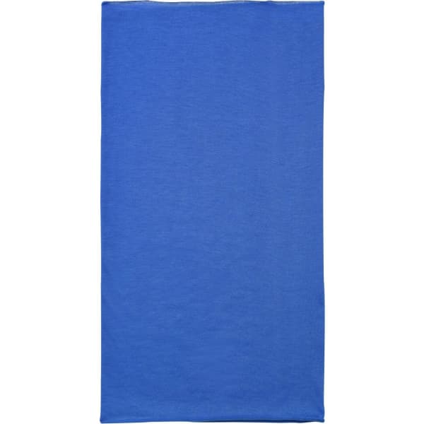 A blue bandanna made of polyester, featuring a plain design and a logo.