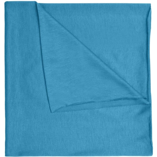 A blue polyester bandanna with a smooth texture, featuring a fold on one corner and a logo.