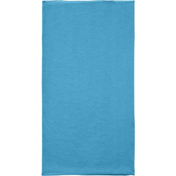 A blue bandanna made from economic X-Tube polyester, featuring a logo on one side.