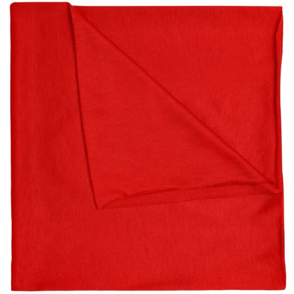 A red polyester bandanna with a slight texture, folded and displayed flat. It features a logo.