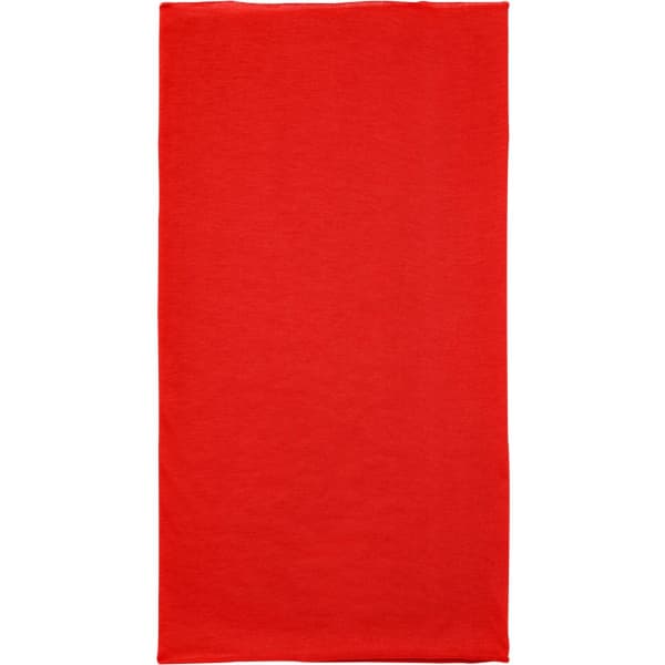 A red polyester bandanna with a smooth surface and logo branding.