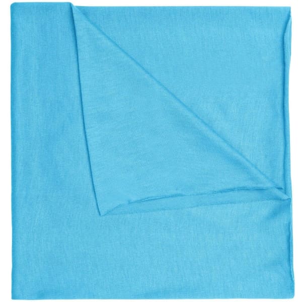 A blue polyester bandanna with a folded corner, featuring a logo. Ideal for headwear use.