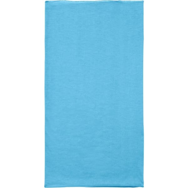 A blue polyester bandanna featuring a simple design and a branding logo.