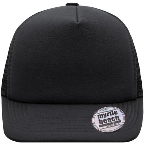 A black 5 panel flat peak cap with mesh panels and a circular branding badge on the side.