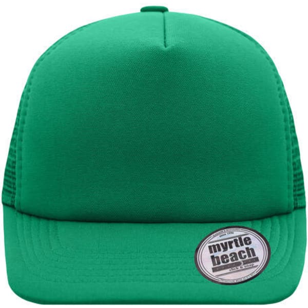 A green 5 panel flat peak cap with a round logo patch on the brim.