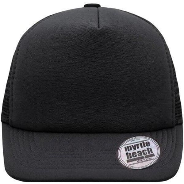A black 5 Panel Flat Peak Cap featuring a branded logo on the front and a flat peak design.