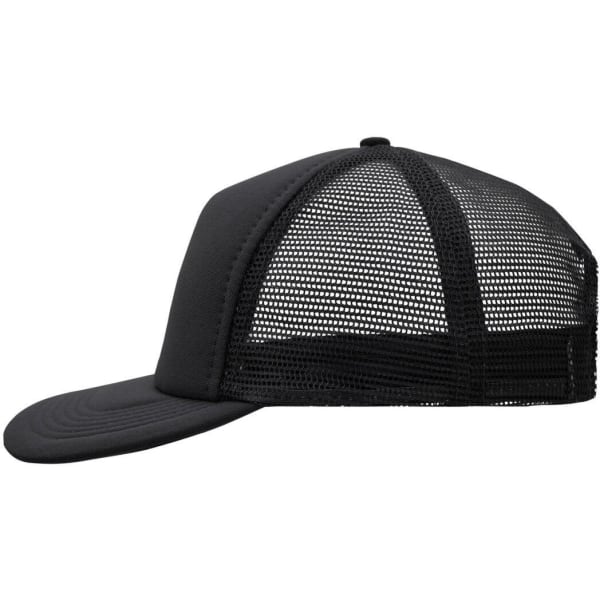A black 5 panel flat peak cap with a mesh back and an adjustable strap at the rear.