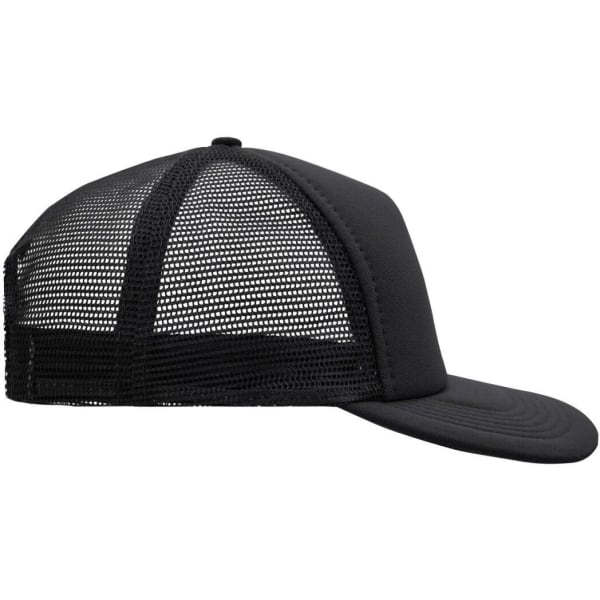 A black 5 panel flat peak cap with a mesh back and a curved brim, featuring a logo on the front.
