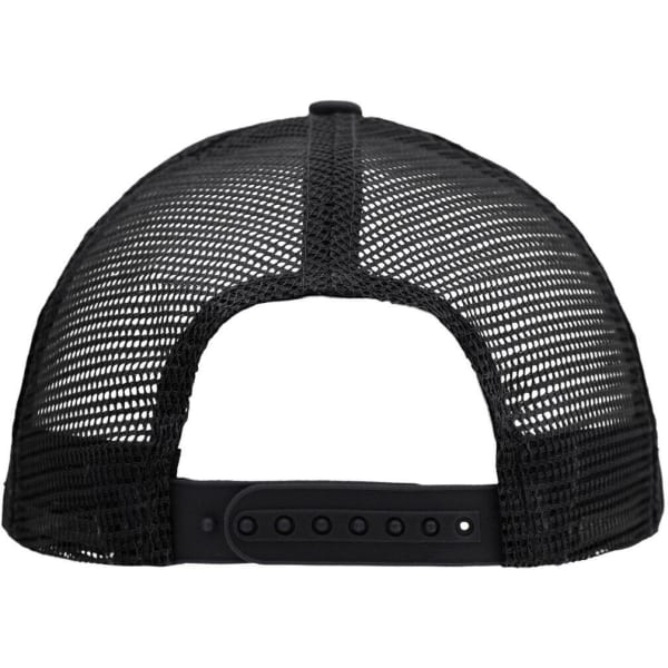 A black 5 panel flat peak cap featuring a mesh back and an adjustable strap, with a logo at the rear.