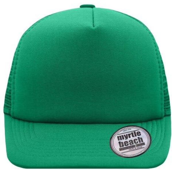 A green 5-panel flat peak cap featuring a branded label on the front.