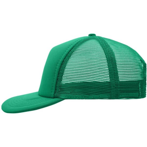 A green 5 Panel Flat Peak Cap featuring a mesh back and a solid front panel. It includes a logo on the front.