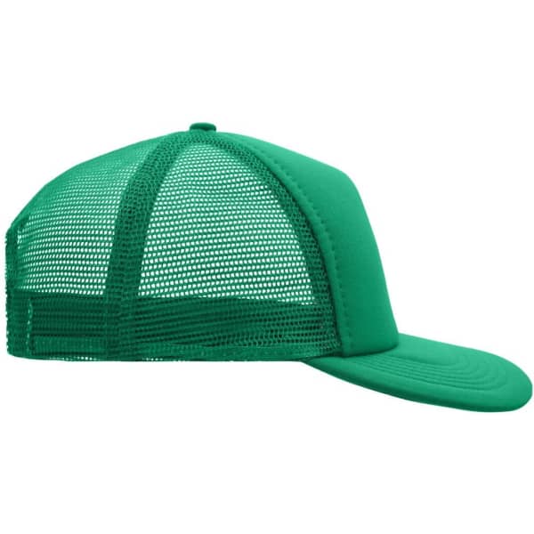 A green 5 panel flat peak cap with a mesh back and a solid front, featuring a logo.