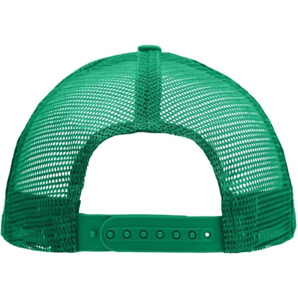 A green 5 panel flat peak cap featuring a mesh back and adjustable snap closure. It has a logo on the side.