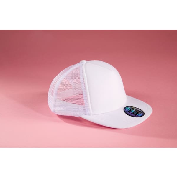 A white 5-panel flat peak cap with mesh sides and a logo on the front.